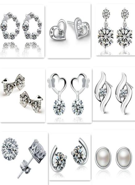 

mix style 925 silver plated earrings natural crystal whole fashion jewelry for women heart crown bow stud earrings5351526, Golden;silver