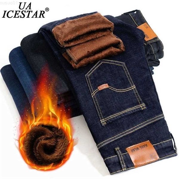 

uaicestar brand winter jeans flannel stretch jean trousers casual fashion men spring men's pants 210318 l230726, Blue