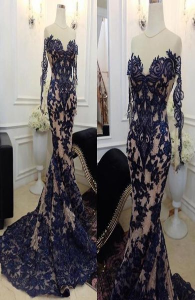 

stunning charming mermaid prom dresses sheer jewel neck beads lace applique long sleeve party dress 2018 see through evening 3061346, Black
