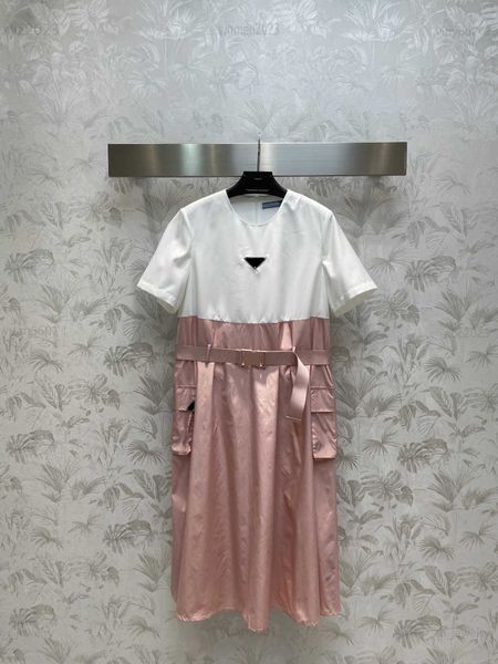 

women designer clothing lady dresses large pockets on both sides girl skirt size s-l splice work style t-shirt dress july21, Black;gray