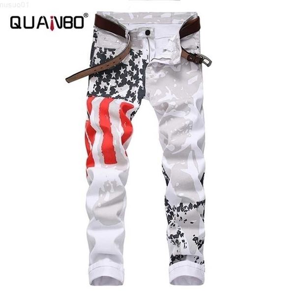 

plus size 38 40 42 men's white quanbo brand men fashion casual printed jeans stretch skinny denim jogger pants 210318 l230726, Blue