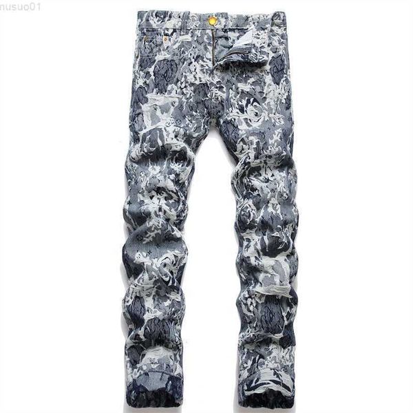 

men's jeans autumn and winter embroidered leopard print men's jeans high-end italian style soft casual cotton stretch feet stripe, Blue