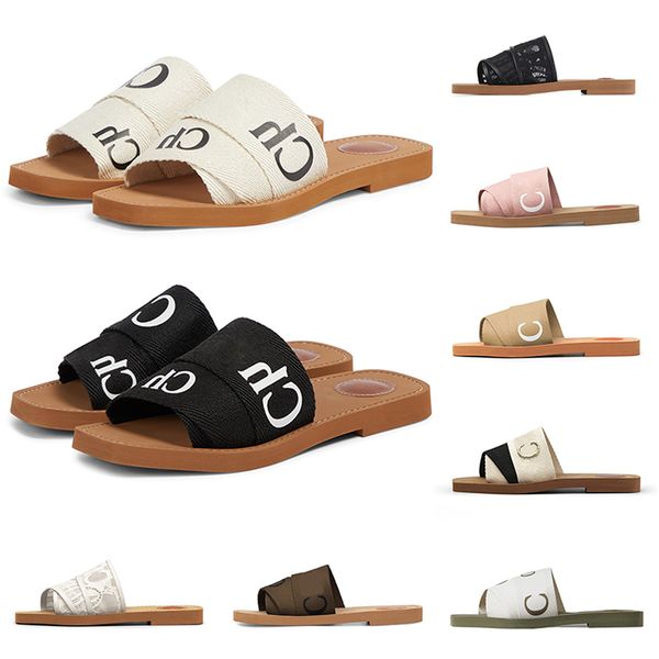 

designer woody sandals for women mules flat slides light tan beige white black pink lace lettering fabric canvas slippers womens summer outd