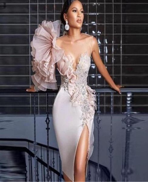 

2020 arabic side split evening dresses lace appliques glitter crystals sheer jewel neck knee length formal party gowns for women p3885307, Black;red