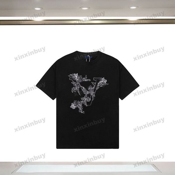 

xinxinbuy men designer knitted tee t shirt 23ss paris flower letter embroidery short sleeve cotton women black white s-2xl, Black;brown