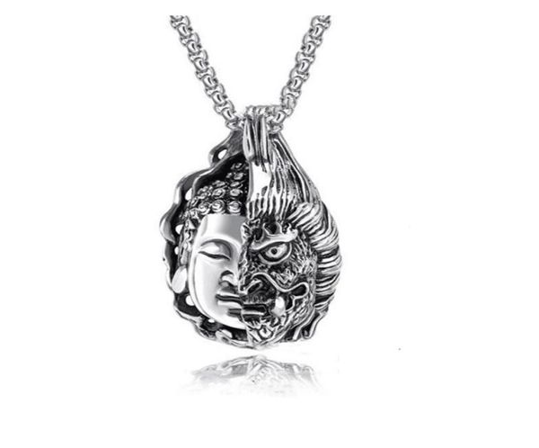 

pendant necklaces stainless steel chain necklace half faced buddha face devil glamour rock hip hop men and women jewelry7614451, Silver