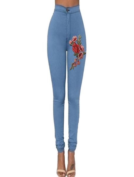 

fashion women skinny floral applique jeans high waist stretch pencil pants z03121225236, Blue