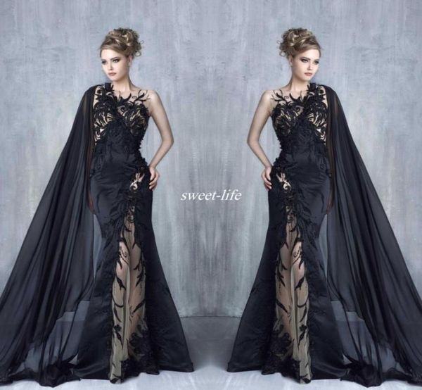 

2020 tony chaaya mermaid evening dresses black lace appliques prom gowns with cape illusion tulle beaded applique celebrity f3366460, Black;red