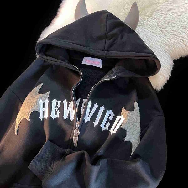

men's hoodies sweatshirts american vintage devil embroidery zipper hoodie women's y2k street fashion trend clown sweatshirt couple, Black