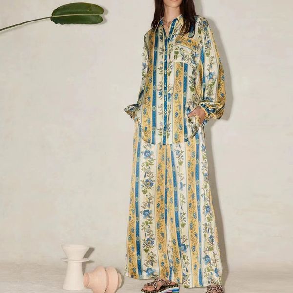 

australian designer two-piece vacation style set with retro positioning silk printed loose shirt and wide leg pants 7, White