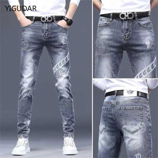 

men's jeans mens stretch denim print pants jeans korea slimming trendy casual all-match light luxury men for y2303 l230726, Blue