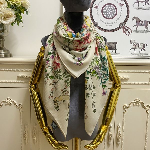 

women's square scarf scarves shawl 30%silk 70% cashmere material beige print letters flowers size 130cm - 130cm, Blue;gray