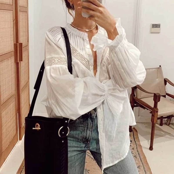 

womens blouses shirts boho inspired semi sheer white blouse for women frilled neckline buttons down ladies long sleeve shirt 230726