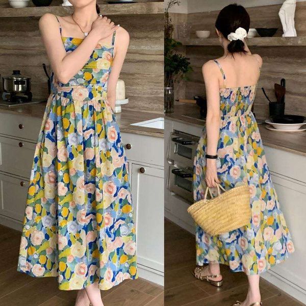 

summer french retro floral halter dress womens holiday style print long, Black;gray