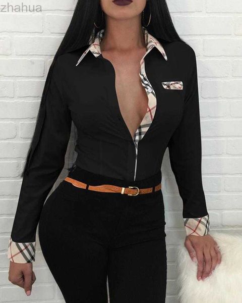 

spring autumn solid shirt femme plaid trim buttoned up casual long sleeve blouse office ladies elegant outfits, White