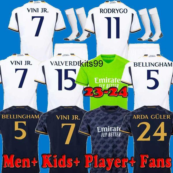

23 24 player fans bellingham soccer jerseys arda guler benzema real madrids rodrgo camiseta 2023 2024 vini jr camavinga football shirt kids, Black;yellow