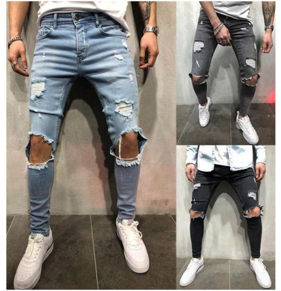 

mens biker jeans fashion hip hop pants distressed holes slim fit pencil pant1272183, Blue