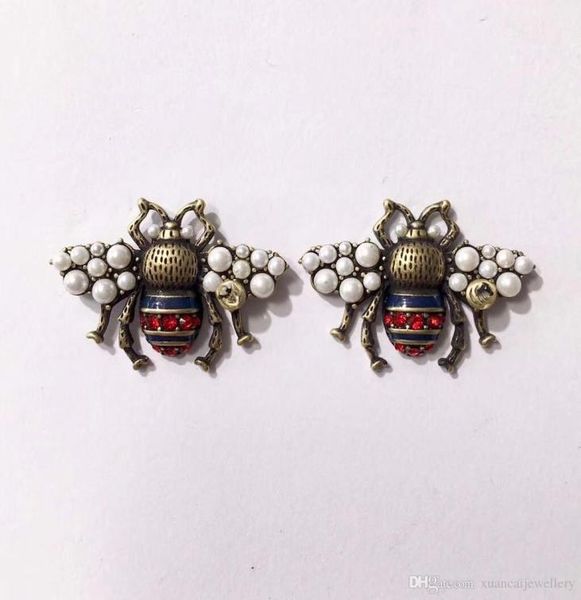 

fashion brand pearl stud earrings couple bee earrings vintage brass jewelry 8369930, Golden;silver