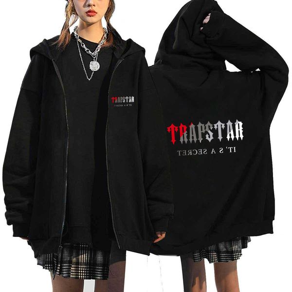

thread bottom hem men's and women's casual sports letter trapstar printed loose fleece zipper cardigan, Black