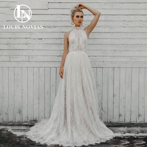 

classy a-line wedding dress 2023 high neck sash ruched button brush train lace dress for bride vestidos de novia, White