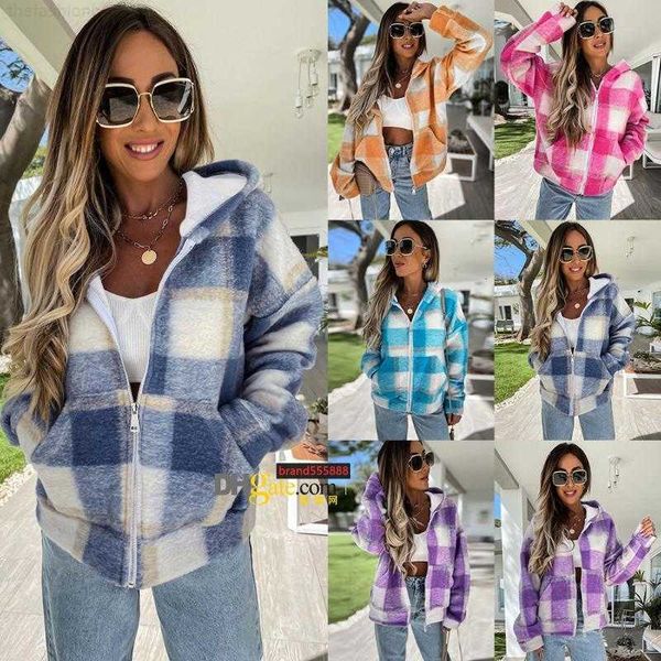 

woman jacket streetwear plaid long sleeve winter clothes women zipper hoodie outerwear coats, Black;brown