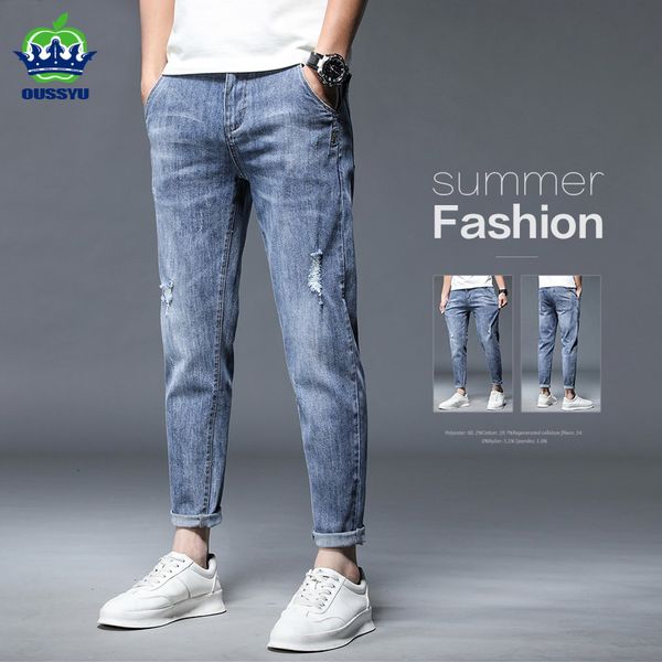 

mens jeans brand summer stretch cotton hole ankle length thin streetwear design denim pants korea casual trousers 230725, Blue