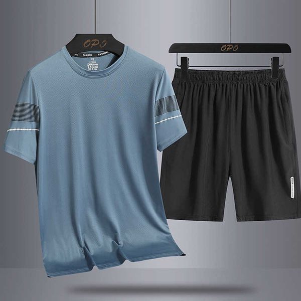 

summer ice silk t-shirt shorts sports set men's homewear thin loose breathable casual set men's fashion, Gray