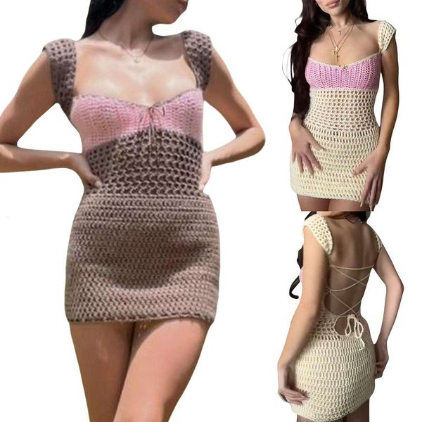 

summer womens low cut vest backless straps knitted figure hugging dress, Black;gray