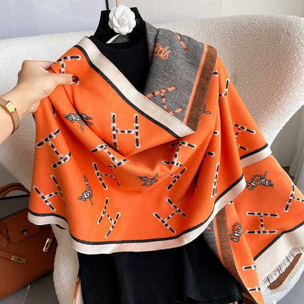 

high class horse for women in autumn and winter h letter casual cashmere shawl versatile business warm scarf, Blue;gray