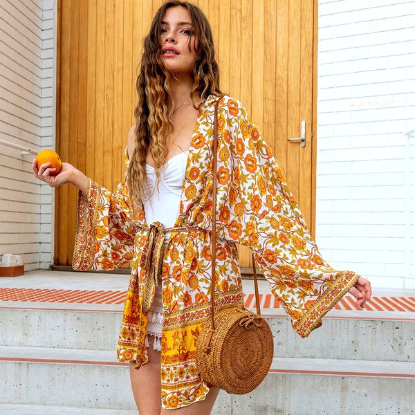 

womens blouses shirts teelynn women cardigan boho blouse and shirt yellow floral print kimono sleeve summer blouses beach wear hippie blusa, White