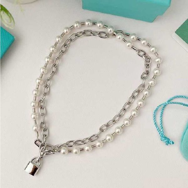 

internet celebrity tiffay lock head chain pearl splice necklace with various wearing methods hip hop personalized versatile style can be mad, Golden;silver