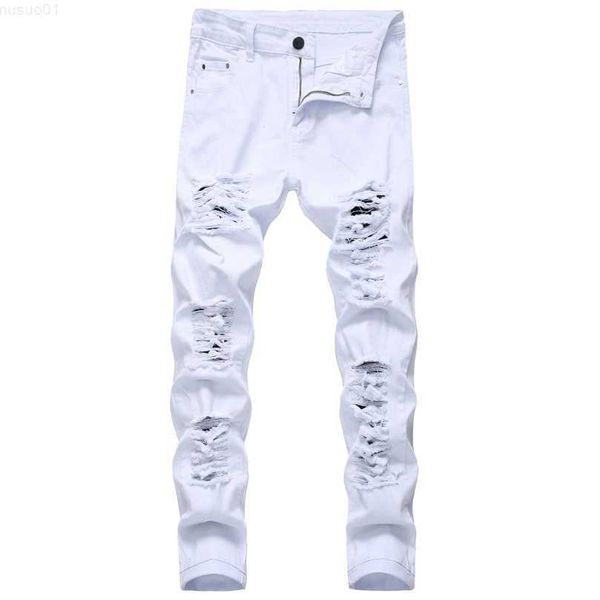 

arrival men's cotton ripped hole casual slim skinny white jeans men trousers fashion stretch hip hop denim pants male 210318 l230726, Blue