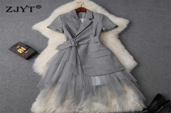 

fashion designer summer dres clothes elegant ol notched collar blazer patchwork tulle party office dress y2001022267628, White;black