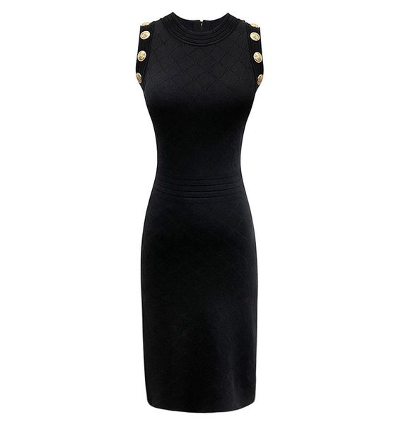 

designer luxury women milan runway dresses sleeveless o neck lion head button female slim midi long sheath bodycon party club1271737, Black