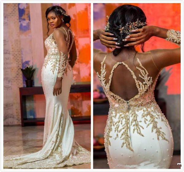 

aso ebi 2020 arabic luxury lace beaded mermaid prom dresses sheer long sleeves satin formal party sweep train reception evening go9332244, Black;red