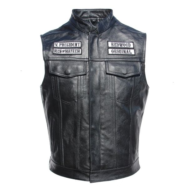 

Motorcycle Embroidery Men's Vest Vests Men Leather Sleeveless Jacket Real Cowhide Club Riding Biker, Pure black