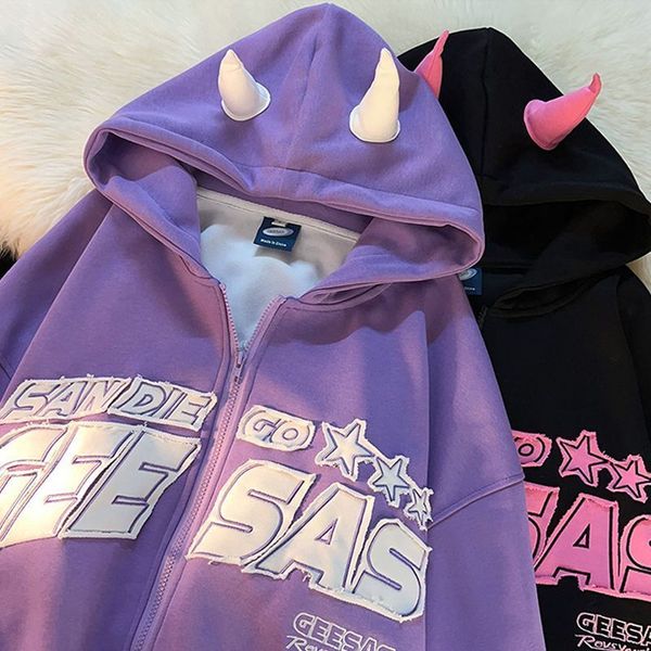 

womens hoodies sweatshirts zipper y2k mens and hoodie harajuku demon horn letter printed sweatshirt loose large jacket 230725, Black