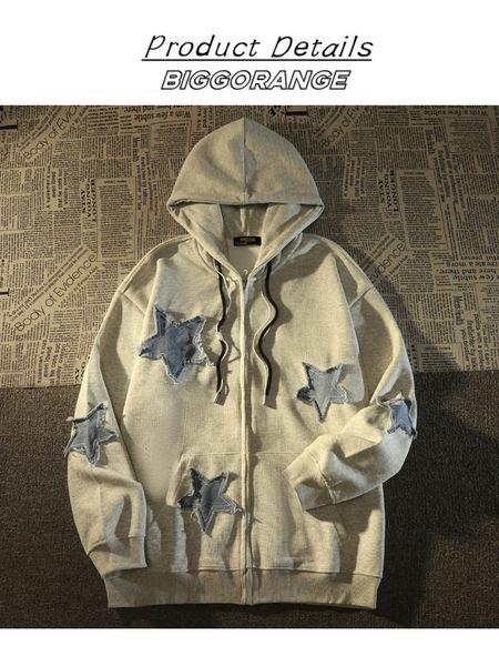 

womens hoodies sweatshirts autumn american zip up hoodie for women retro patch star cardigan sweater ins loose thin sweatshirt y2k clothes 2, Black