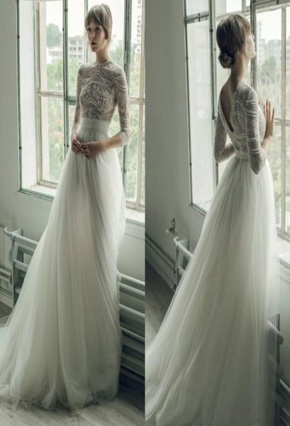 

ersa atelier wedding dresses a line jewel neck lace beads pearls sweep train long sleeve bridal gowns custom plus size beach weddi9230185, White