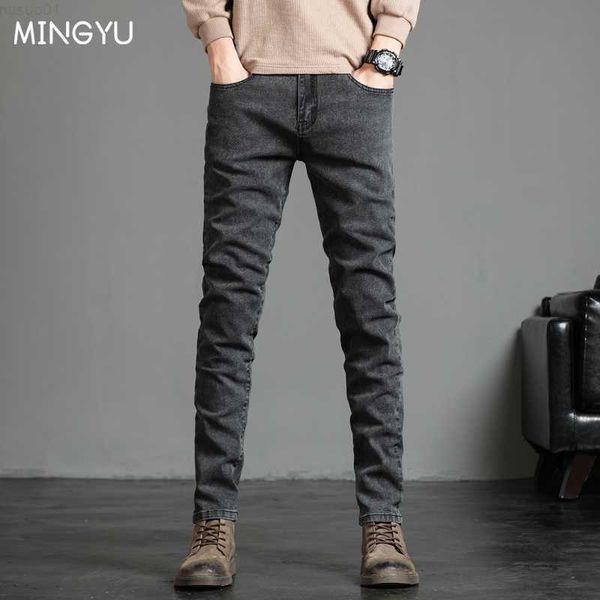 

men's skinny grey jeans fashion casual elastic cotton slim korea blue biker pencil denim trousers male hip hop brand clothing 230316 l2