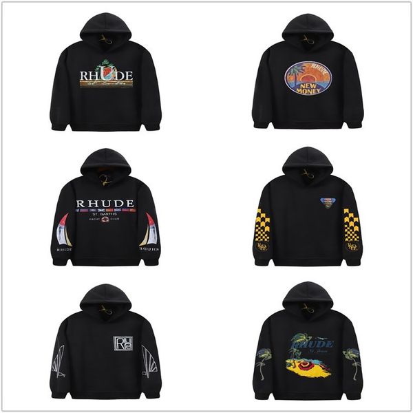 

men's hoodies & sweatshirts rhude spring & autumn youth multi-pattern print loose couple pullover hooded casual hip hop fleece sweatshi, Black