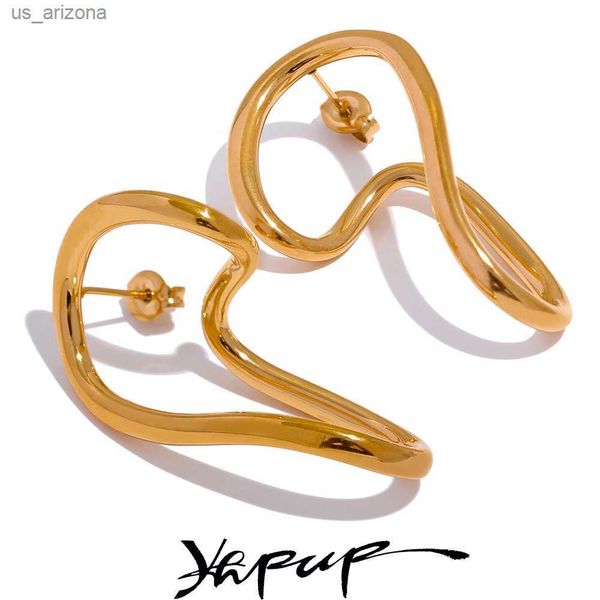 

yhpup minimalist stainless steel twisted geometric hollow stud earrings for women personal waterproof statement stylish jewelry l230620, Golden;silver