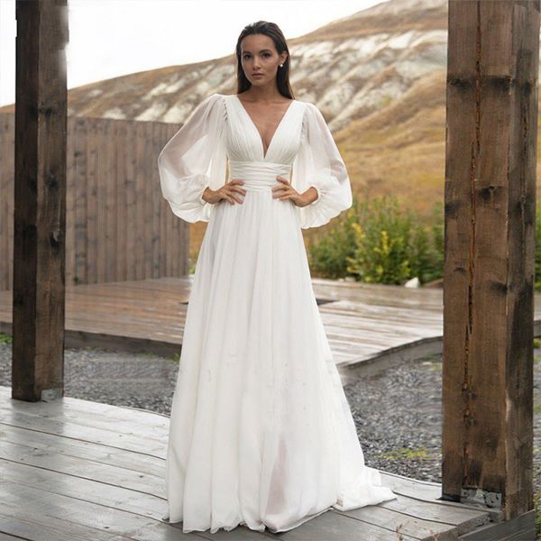 

simple puff sleeve wedding dress bridal long a line backless beach bride gown sweep train chiffon robe de mariee vestidos de novia 2023, White