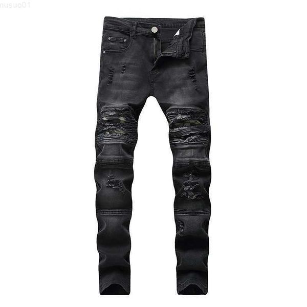 

men's jeans drop shipping biker ripped denim pants with zippers pleated straight skinny men retro trousers y2303 l230726, Blue