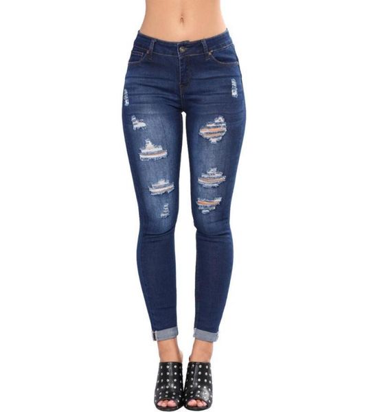 

new 2020 women blue mid waist ladies casual ultra stretchy ripped jeans fashion denim trousers pencil skinny jeans 60533350456