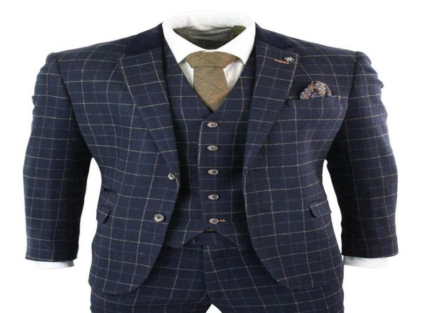 

mens navy blue mens suits 3 piece herringbone check suit vintage retro peaky blinders tweed custom made business man wear7048927, Black;gray