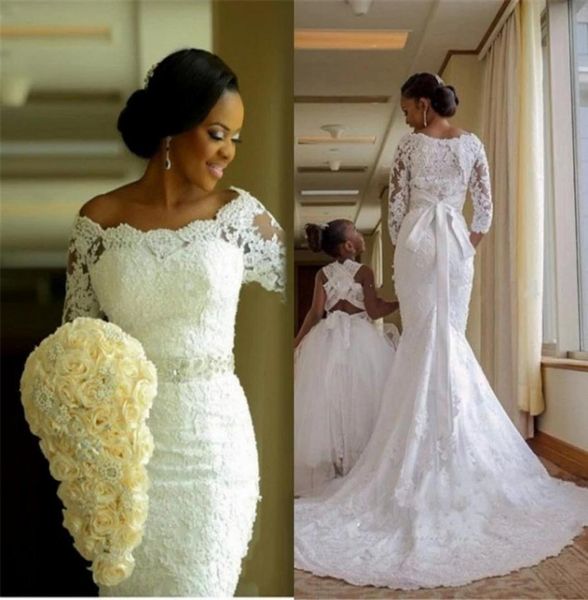 

gorgouse lace mermaid wedding dresses off shoulder 34 long sleeve bridal gowns with sash romantic ribbon sweep train vestidos de 9475122, White