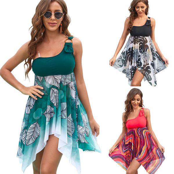 

plus size swim wear one shoulder tankini for woman beachwear brazilian floral print swimming dresses bathing costume cover-ups summer oversi