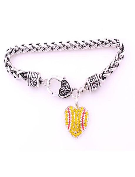 

sport style antique sliver plated zinc studded with sparkling crystal softball heart shape pendant charm wheat bracelet2493842, Golden;silver