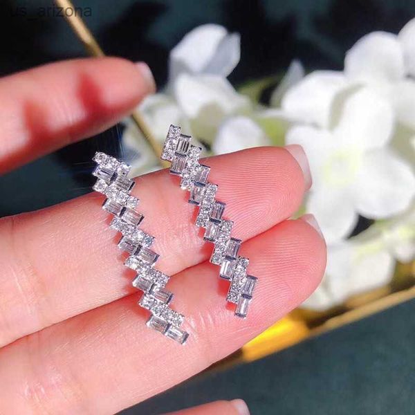 

huitan simple stylish geometric shaped long stud earrings for women full dazzling crystal cz wedding party delicate ear jewelry l230620, Golden;silver